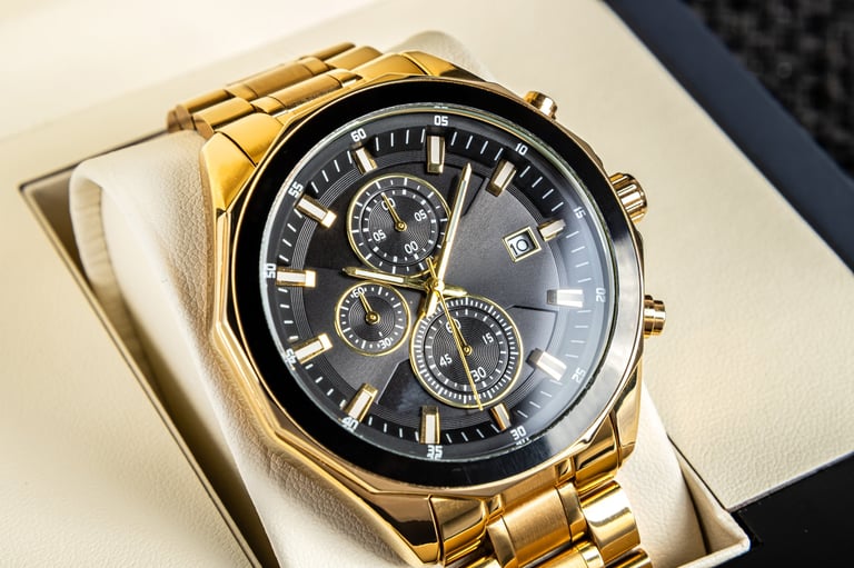 Premium black dial wristwatch with golden hands, numerals and metal bracelet