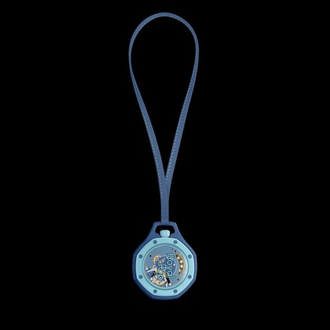 Blue translucent pocket watch pendant on a matching blue lanyard against a black background