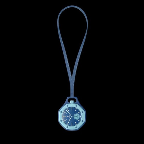 Blue analog watch pendant hanging from a blue lanyard against a black background
