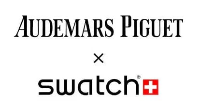 Audemars Piguet and Swatch logo collaboration, featuring both brand names with a multiplication symbol between them