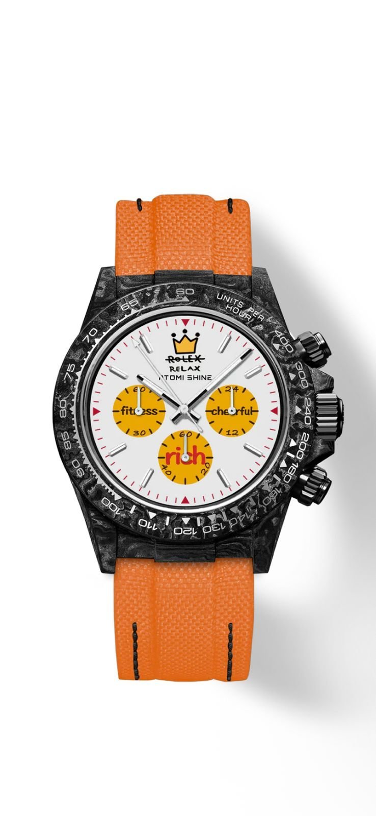 Black luxury chronograph watch with white dial, three yellow subdials, and orange leather strap on white background