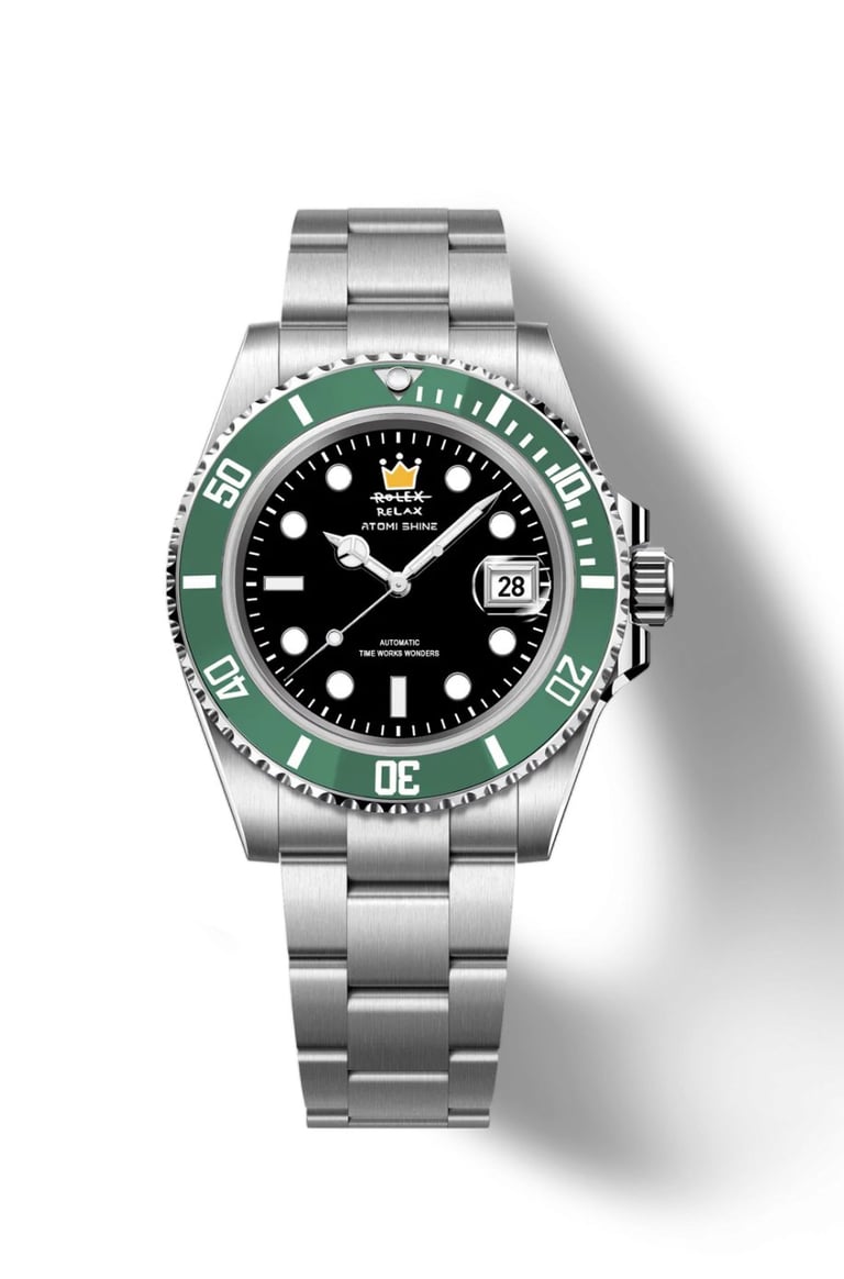 Stainless steel dive watch with black dial, green bezel, and date window, displayed against white background