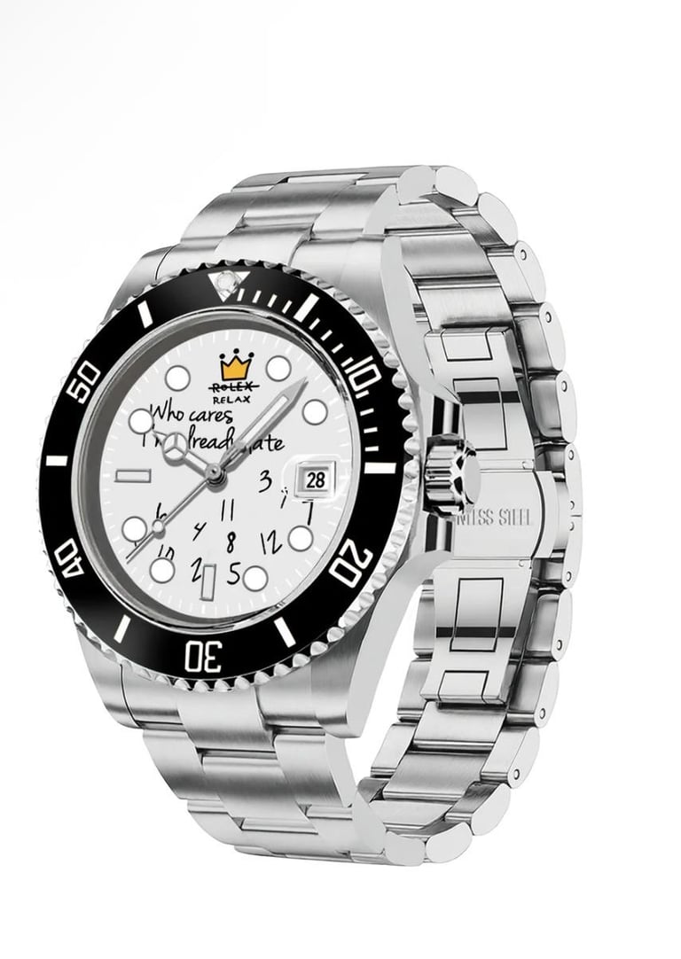 Silver stainless steel watch with black bezel, white dial, and date window, isolated on white background