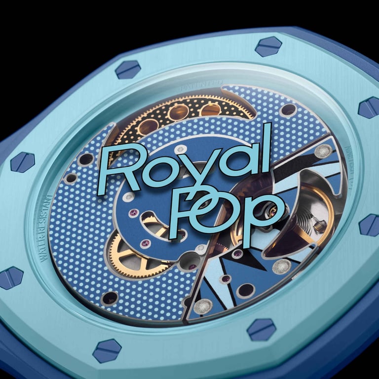 Blue Royal Korp luxury watch with exposed mechanical gears and blue polka dot dial on black background